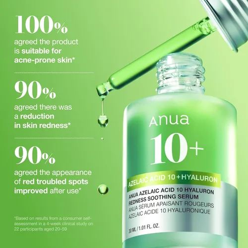 Vista 8 de Anua Suero Facial de Ácido Azelaico 10% Hialurónico en Rojo Tranquilizante, Suero Facial para Piel Sensible y Problemática, Brotes, Ácido