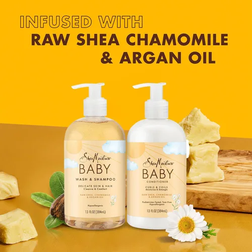 Vista 3 de SheaMoisture Baby Essentials, gel de baño y champú + acondicionador de rizos y bobinas, desenredante con karité crudo, manzanilla y aceite de argán