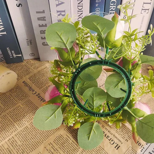 Vista 6 de Anillos de vela, corona de flores, portavelas de rosas artificiales de 9 pulgadas para centros de mesa de boda, guirnalda de primavera