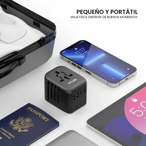 Vista 3 de VYLEE - Adaptador de viaje universal, adaptador de corriente internacional 5 en 1, cargador de pared 3.5A 2xUSB-A y 2 USB C, enchufe esencial