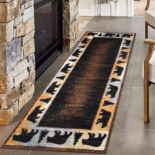 Vista 13 de Alfombras de oso para cabaña, 2 x 6 pies, alfombra de oso negro en bosque de abedules, alfombra absorbente para mascotas, alfombra de entrada de 3