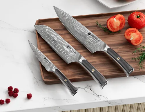 Vista 7 de BRODARK Cuchillo de chef de Damasco de 3 piezas, VG10 de acero de espiga completa afilado, juego de cuchillos de chef japonés profesional
