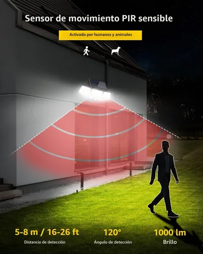 Vista 3 de LE - Luces solares para exteriores, luces solares para exteriores con sensor de movimiento, alto brillo WL4000, 3 cabezales ajustables ángulo