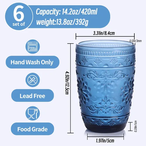Vista 5 de abrwyy 6 vasos de vidrio de 14 onzas, vasos azules para beber, juego de cristalería de colores para fiestas, bodas, hogar, oficina, agua, jugo