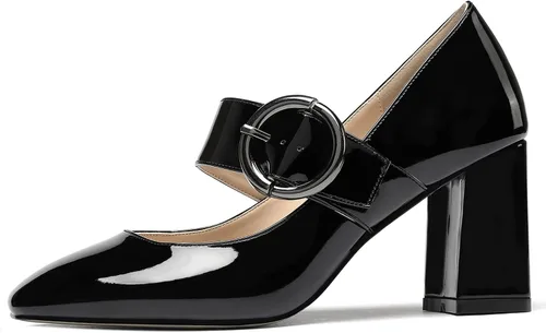 Vista 2 de WAYDERNS Mary Jane - Zapatos de tacón alto con correa ajustable, puntera cuadrada, hebilla y bloque de hebilla, 3 pulgadas