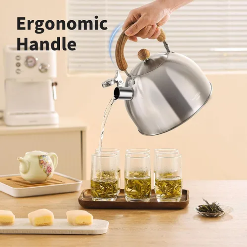 Vista 5 de Hervidor de té de acero inoxidable 18/8 para estufa (2L / 2.1 cuartos, tetera silbante, mango de madera) - Plateado