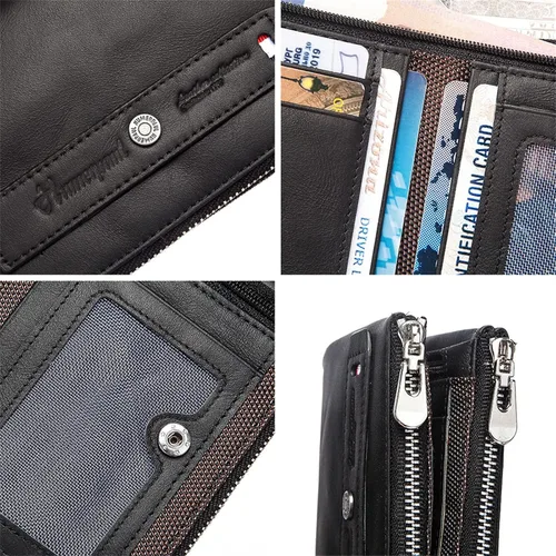 Vista 3 de Cartera de cuero genuino para hombre con cadena antirrobo, bloqueo RFID, tarjetero multifuncional con cierre RFID, bolsillo con cremallera