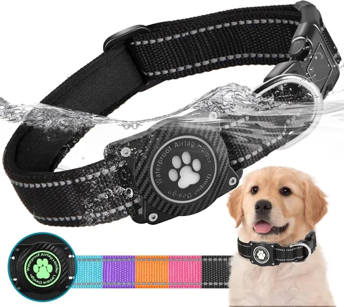 Vista 7 de Airtag - Collar para perro, collar de nailon con soporte impermeable para AirTag, collar luminoso reflectante ajustable para mascotas para perros