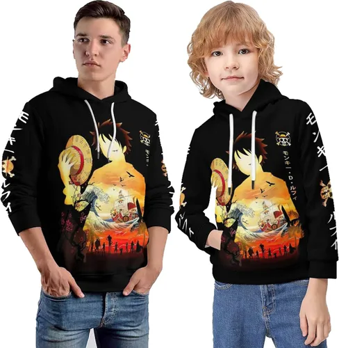 Vista 2 de Oiwizxi Sudadera con capucha de anime para niño, adolescente, hip hop, con bolsillos, sombrero de paja, pirata para niños y hombres