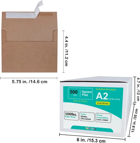 Vista 4 de 500 piezas de sobres de invitación A2 en marrón kraft, autoadhesivos, con solapa cuadrada, 4 3/8 x 5 3/4, sobres de RSVP, sobres de devolución, 100
