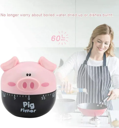 Vista 7 de Temporizador de cocina con diseño de cerdo de dibujos animados, contadores mecánicos para herramienta de sincronización de cocción, temporizador