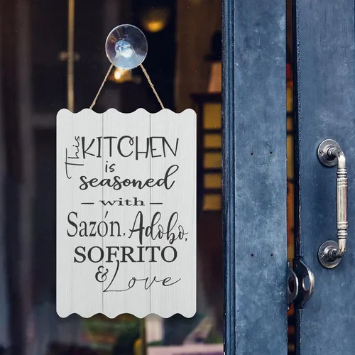 Vista 5 de By Unbranded Letrero de madera con texto en inglés «This Kitchen is Seasoned with Sazon» Adobo Sofrito & Love La Cocina española puertorriqueña