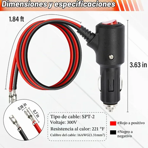 Vista 3 de Enchufe de encendedor de cigarrillos de 12 V con interruptor de encendido y apagado, 2 pies, 16 AWG, resistente, 15 A, repuesto para encendedor