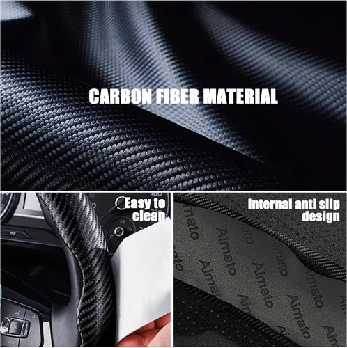 Vista 3 de Funda de volante de fibra de carbono de 3 piezas, protector para volante de automóvil con forro antideslizante, microfibra transpirable universal