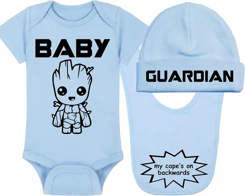 Vista 9 de Baby Groot - Mameluco de superhéroe para bebé, sombrero, manta, combinaciones de paquetes de babero