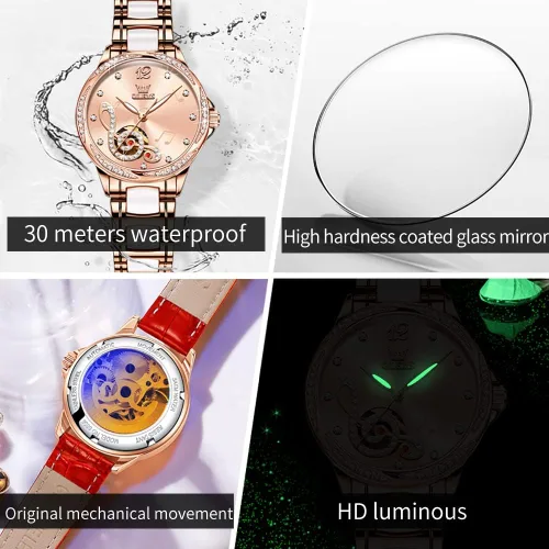 Vista 5 de OLEVS Reloj para mujer automático automático mecánico reloj de pulsera para mujer, cara grande, dos tonos, acero inoxidable, pulsera de cerámica