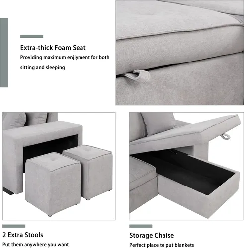 Vista 4 de Merax Sofá cama en forma de L de 104.5 pulgadas, sofá cama modular reversible de 3 plazas con cama extraíble, sofá cama de almacenamiento y 2 Gris