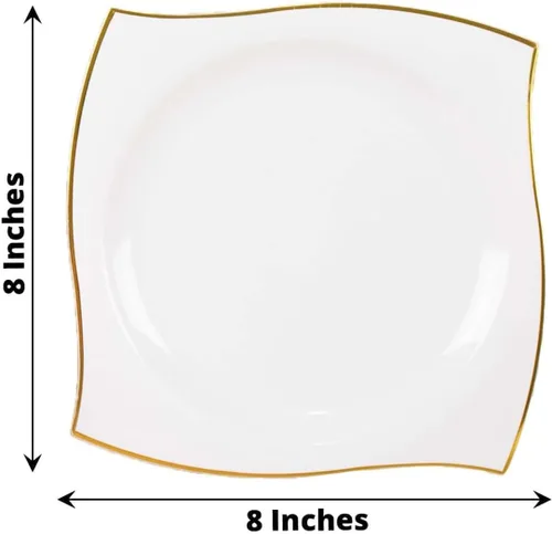Vista 3 de Efavormart - Paquete de 10 platos cuadrados de postre de plástico con borde ondulado blanco y dorado de 8 pulgadas, elegante vajilla desechable