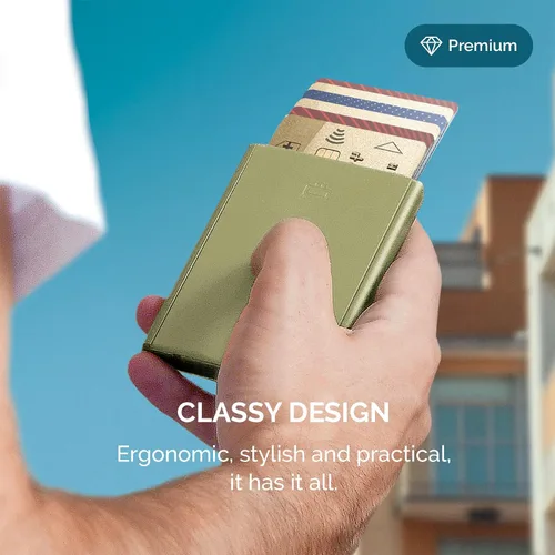 Vista 5 de ÖGON -DESIGNS- Tarjetero automático de aluminio, protección RFID contra fraude y desmagnetización, cartera delgada y minimalista para hombres