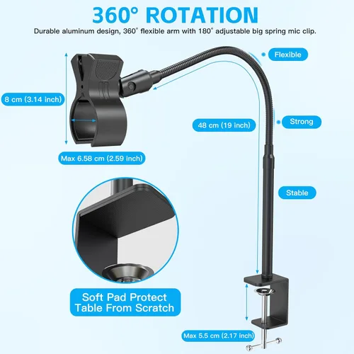 Vista 5 de ZealSound Soporte de micrófono de 19 pulgadas, soporte flexible de micrófono de escritorio de cuello de cisne, soporte de clip de micrófono mejorado