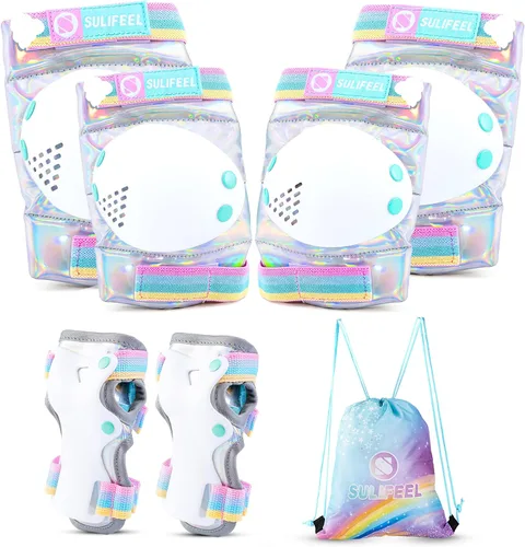 Vista 2 de SULIFEEL Patines de unicornio arcoíris para niños con equipo de protección ajustable, brillante, mediano