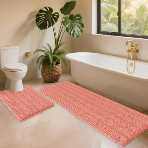Vista 26 de ACCUMTEK - Juego de alfombras de baño a rayas beige de 3 piezas, ultrasuaves, antideslizantes de chenilla, alfombras de baño mullidas y absorbentes