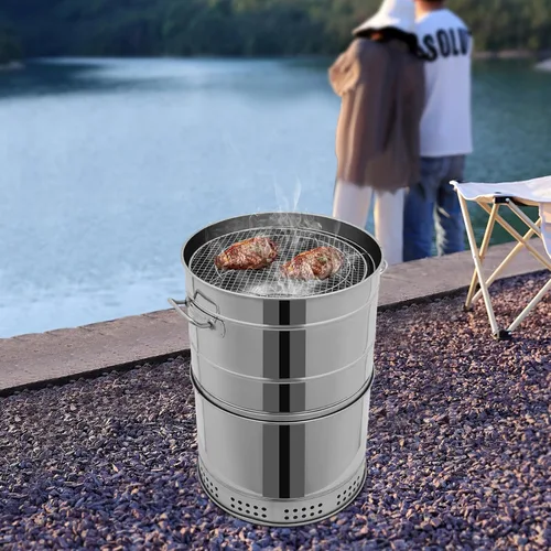 Vista 2 de Bacocoo - Parrilla de carbón de acero inoxidable para asador, ahumador portátil grande de 16 pulgadas, 50 pinchos y kit para colgar para acampar al