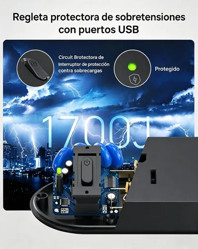Vista 6 de TROND Regleta de alimentación con abrazadera de escritorio USB C PD 20 W, protector de sobretensiones con 4 salidas de CA, 4 puertos USB, cable