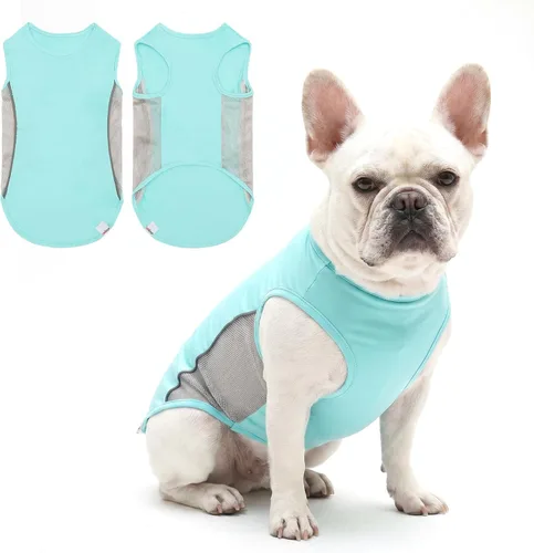 Vista 18 de Camiseta para perro con protección solar UPF 50+, paquete de 2 chalecos ligeros sin mangas para perros pequeños y niñas, tiras reflectantes, ropa