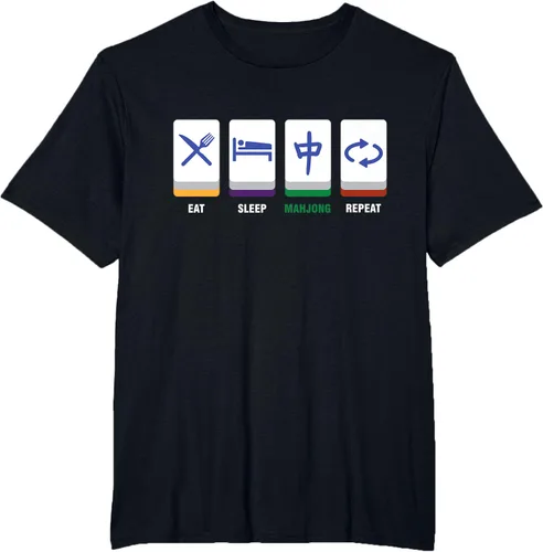 Vista 23 de Camiseta Mahjong Lover Eat Sleep Mahjong Tiles, Negro, S