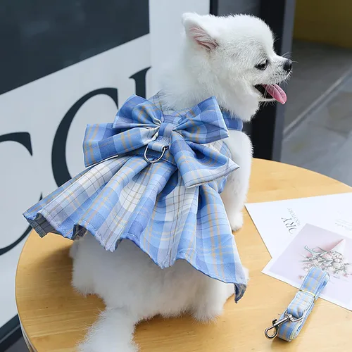 Vista 2 de PETCARE Vestido de Perro a Cuadros con Corbata de Moño y Arnés Set de Correa para Perros Pequeños, Gatos, Niñas, Lindos Vestidos de Princesa
