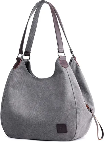 Vista 8 de Dourr Bolso para hombro para mujer, con múltiples bolsillos, bolso de mano moderno de lona de algodón