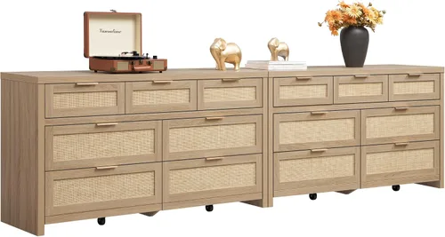 Vista 11 de SICOTAS Cómoda de 7 cajones para dormitorio, cómodas de ratán de 57" de ancho, cómoda grande con cajones para dormitorio, cómoda soporte de TV
