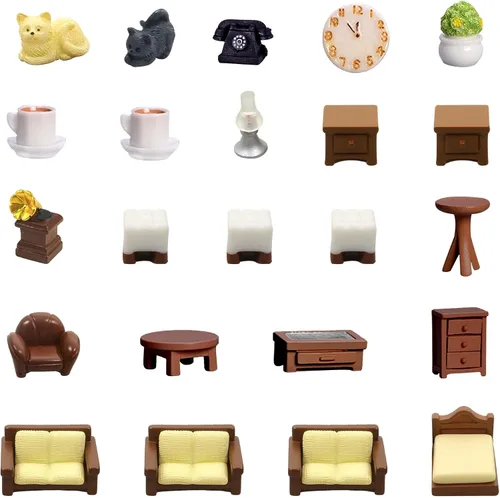Vista 2 de Kit de 23 piezas de mini muebles marrones para casa de muñecas, accesorios de decoración DIY que incluyen juego de comedor, sala de estar