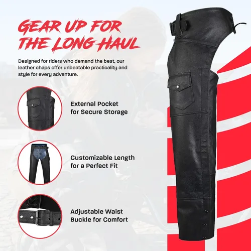 Vista 5 de HWK Chaparreras de cuero para motocicleta para hombres y mujeres, chaparreras negras para protección contra raspaduras en la carretera y comodidad
