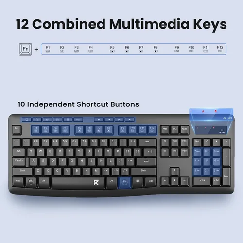 Vista 4 de Redragon Combo de teclado y mouse inalámbricos, teclado ergonómico de computadora de tamaño completo de 2.4 G con mouse inalámbrico ajustable DPI