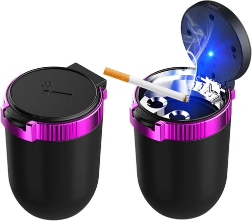 Vista 7 de Ohleats Cenicero de coche con tapa, cenicero desmontable de acero inoxidable con luz LED azul, cenicero portátil mini para vehículo, portavasos