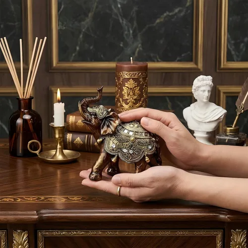 Vista 5 de Buachois Estatua de elefante de la suerte, símbolo de suerte y prosperidad, acento dorado antiguo de resina, figura de elefantes Feng Shui, adornos