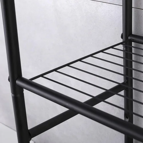 Vista 6 de Estante de almacenamiento de 3 niveles para baño sobre el inodoro, organizador de estante con marco de metal, con 4 ganchos, color negro