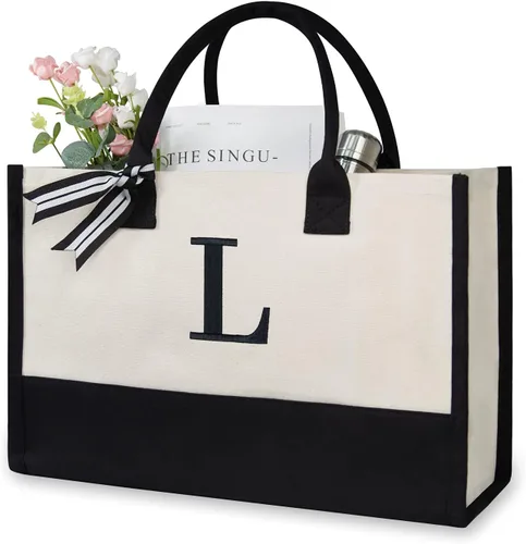 Vista 154 de TOPDesign Personalized Initial Canvas Beach Bag, Monogrammed Gift Tote Bag for Women