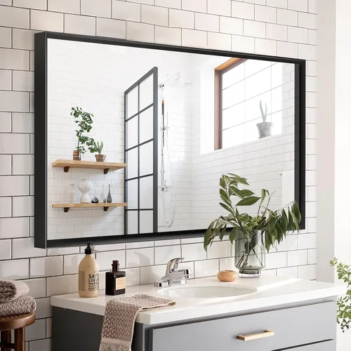 Vista 5 de Espejo rectangular de baño negro brillante de 40 x 30 pulgadas para pared, espejo de tocador para colgar en la esquina, espejo rectangular moderno