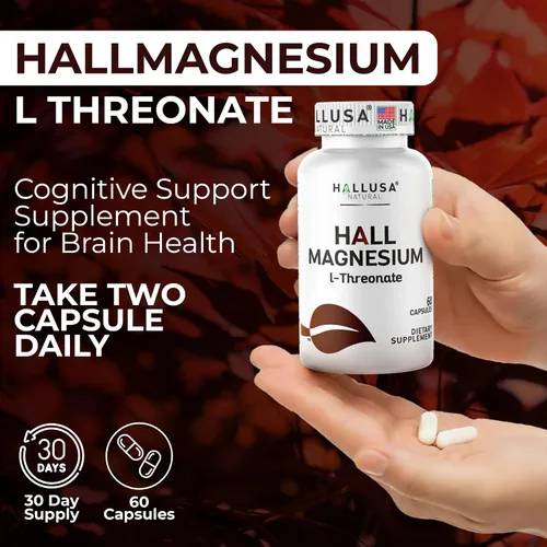 Vista 7 de Hallusa Natural Cápsulas de L-treonato de magnesio de 2000 mg, suplemento de apoyo cognitivo para la salud y la memoria del cerebro, claridad