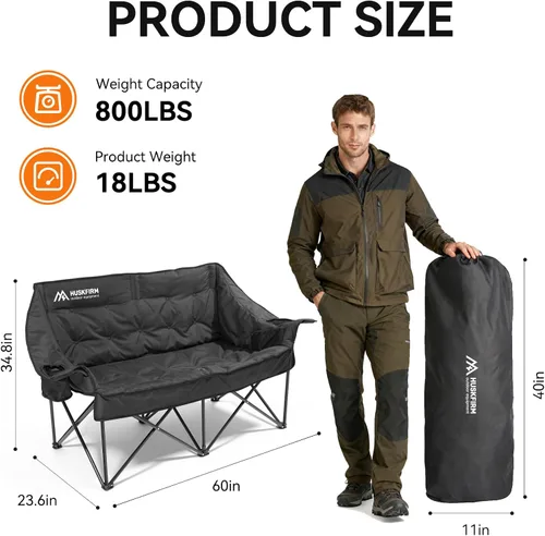 Vista 8 de Huskfirm Silla de campamento doble acolchada, silla de campamento resistente para 2 personas, silla de campamento de gran tamaño con portavasos