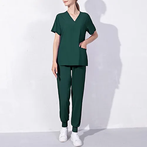 Vista 2 de Conjunto de uniforme médico para mujer, elástico en 4 direcciones, bolsillos ligeros, cuello en V, conjunto de uniforme médico con cordón elástico