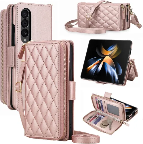 Vista 26 de Compatible con Samsung Galaxy Z Fold 3 5G 2021 - Funda tipo cartera con cremallera y bloqueo RFID, correa para tarjetero, ranuras para tarjetas Rojo