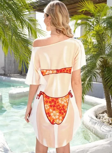 Vista 5 de Spadehill Traje de baño holgado de manga corta con estampado de bikini para mujer