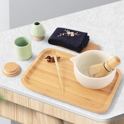 Vista 8 de Artcome Juego de té matcha japonés, cuenco de matcha con boquilla para verter, bandeja de té, batidor de bambú, soporte para batidor de cerámica