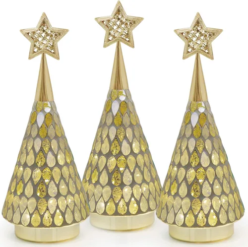 Vista 9 de Árbol de Navidad de vidrio con mosaico dorado con estrella, 2 piezas de árboles de Navidad pequeños de mesa con luz, árbol de Navidad a
