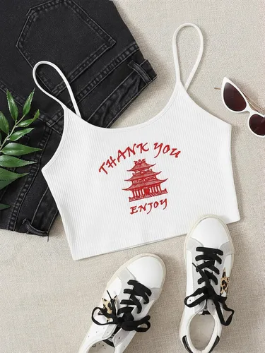 Vista 5 de Floerns Top de Camiseta sin Mangas para Mujer, Estilo Casual, con Bordado de Letras, Crop Top