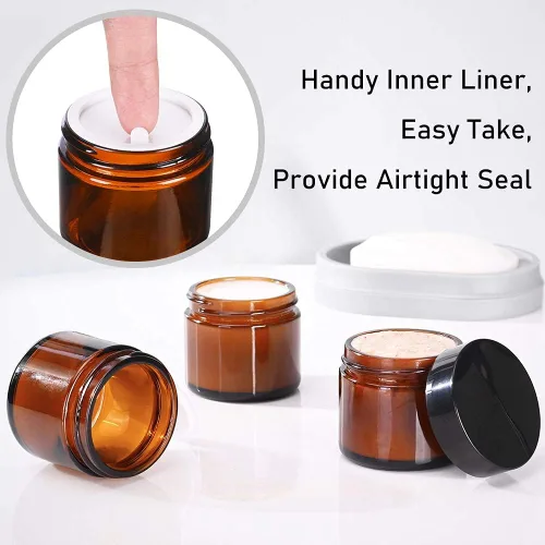 Vista 3 de Tarros redondos de vidrio ámbar de 3.4 fl oz con forros interiores blancos y tapas negras, recipiente vacío recargable, perfecto para cocina